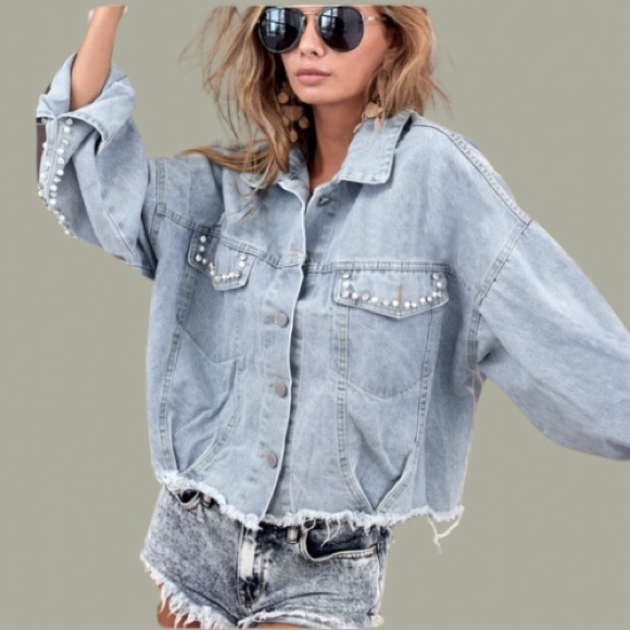New Chic Oversized Pearl and Rhinestone Trim Denim Jean Jacket - Picture 6 of 8
